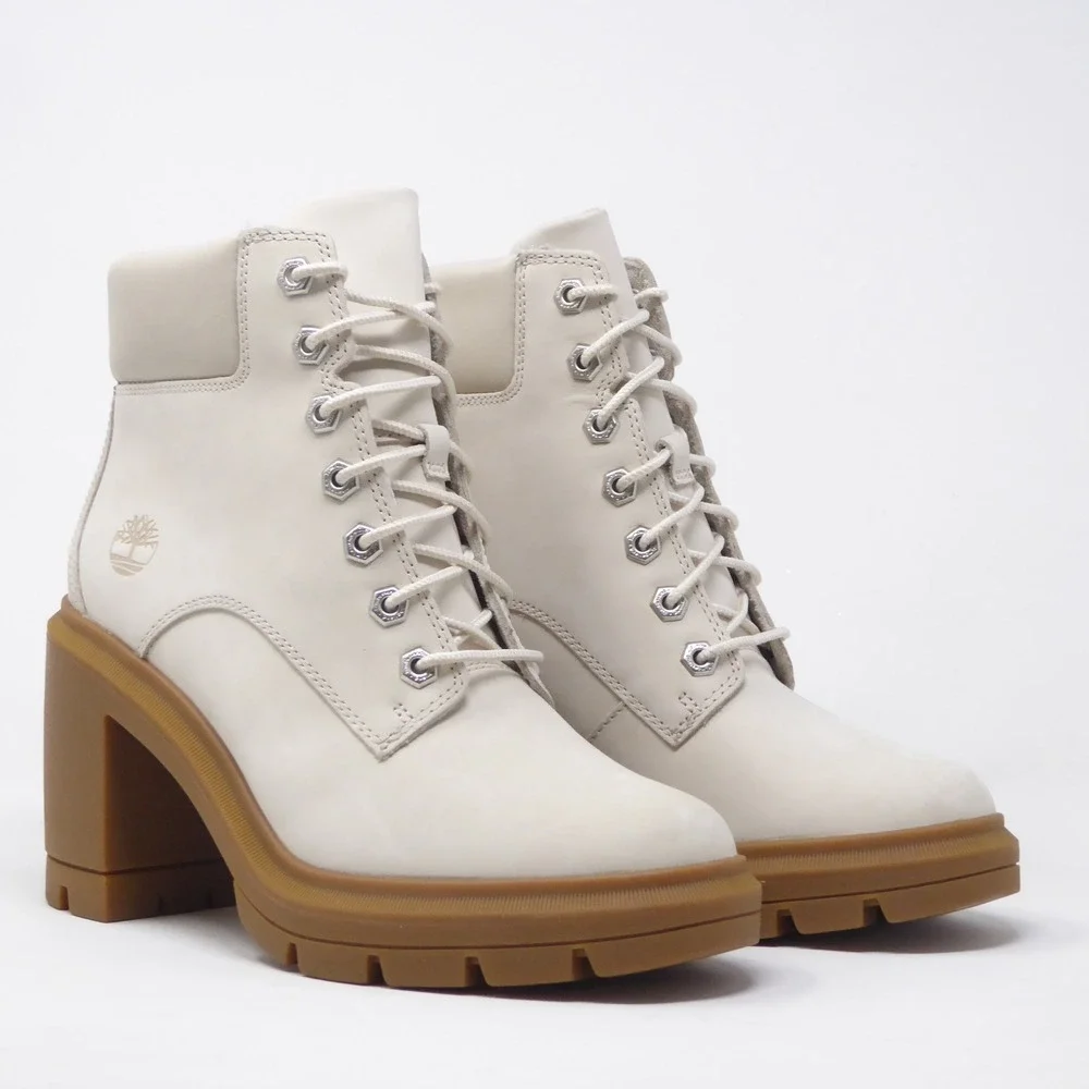 Timberland Allington Heights Boots Cream Off White Leather Lace Up Heel 7.5 - Picture 2 of 10